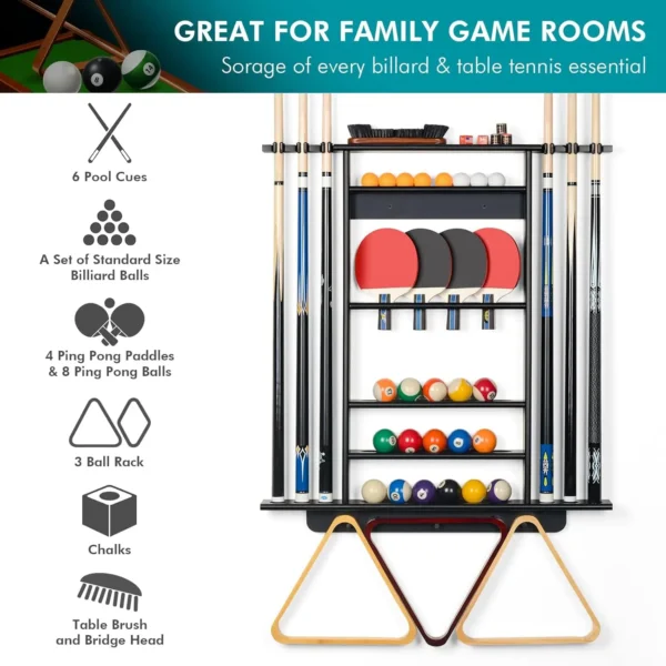 Family game room storage solution featuring 6 pool cues, a set of standard billiard balls, 4 ping pong paddles, 8 ping pong balls, a 3 ball rack, chalks, and a table brush with a bridge head, ideal for organizing billiard and table tennis essentials.