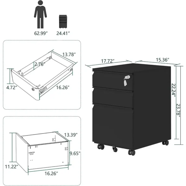 3-Drawer Mobile File Cabinet with Rolling Casters for Legal Documents, Available in Black, Grey, or White, Made in the USA - Image 6