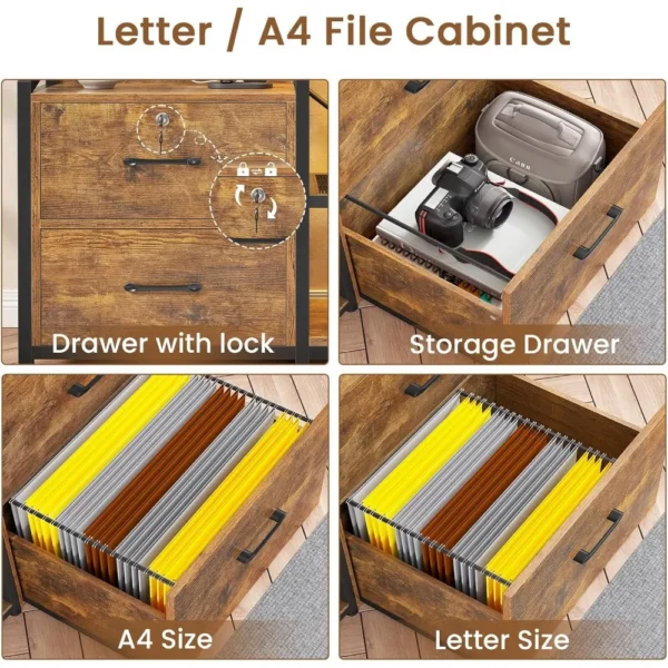 Filing Cabinet fits Letter/A4 Size, 2 Drawe File Cabinets for Home Office with Power Strip, LED Lights, Lock, Open Shelf - Image 5