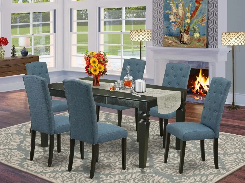 7-Piece Mid-Century Modern Dining Set: Rectangle Table with Butterfly Leaf and 6 Mineral Blue Linen Fabric Parson Chairs