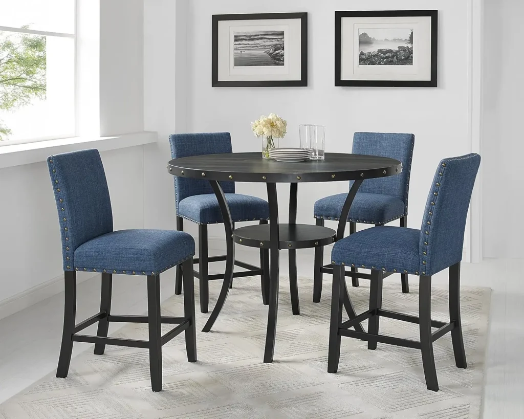 Espresso Wood Counter Height Dining Set with Blue Fabric Nailhead Stools, Coffee Bean Finish Wooden Look Table