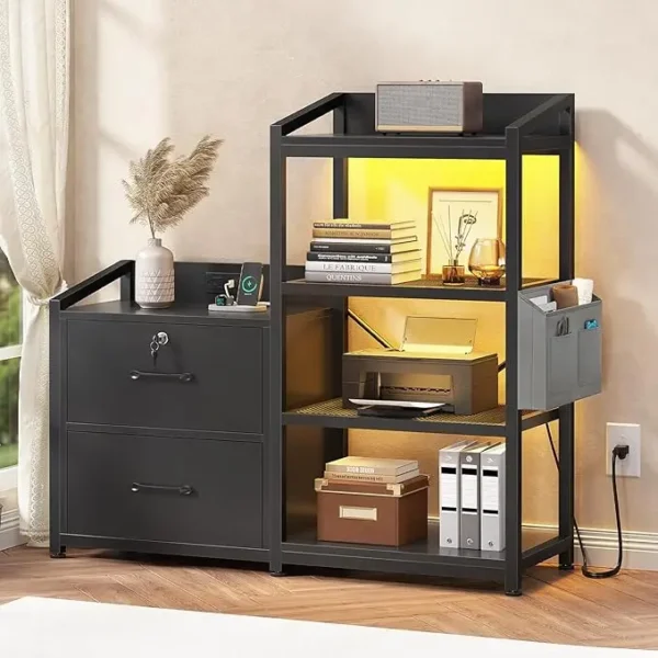 Filing Cabinet fits Letter/A4 Size, 2 Drawe File Cabinets for Home Office with Power Strip, LED Lights, Lock, Open Shelf - Image 7