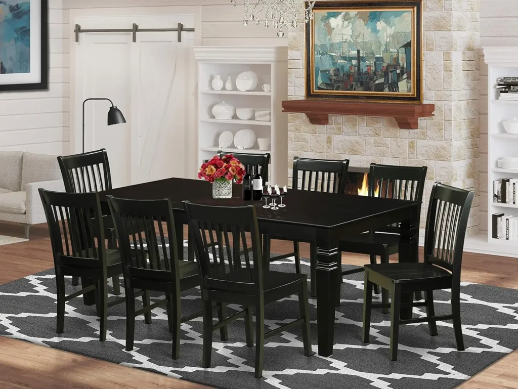 9 Piece Kitchen Table and Chairs Set: Rectangle Dining Table with Butterfly Leaf and 8 Dining Chairs (42x84 Inch, Black)