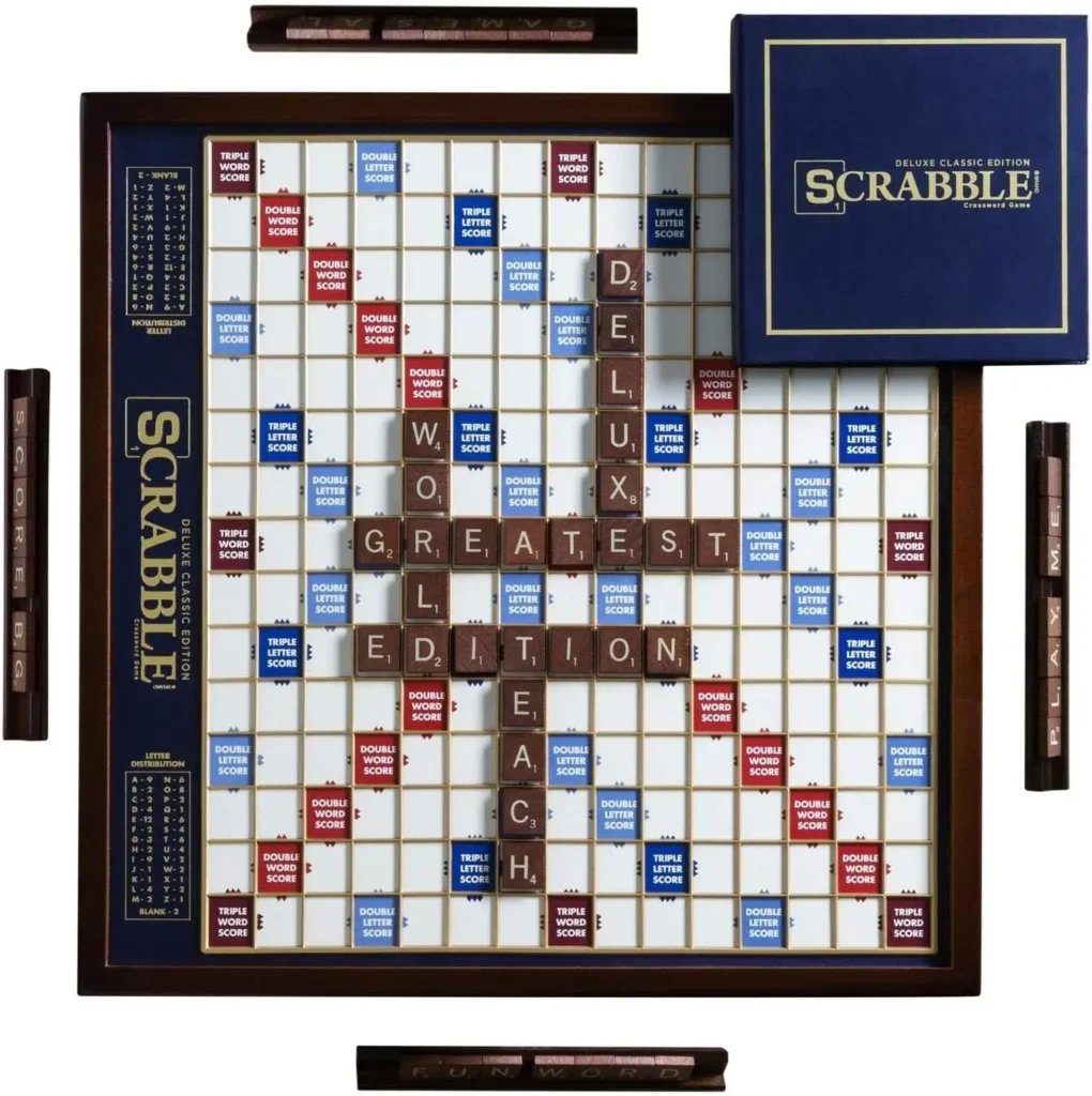 Deluxe Scrabble: Mahogany Cabinet with Rotating Game Board for Enhanced Gameplay