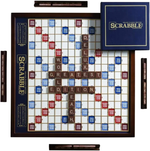 Deluxe Scrabble: Mahogany Cabinet with Rotating Game Board for Enhanced Gameplay