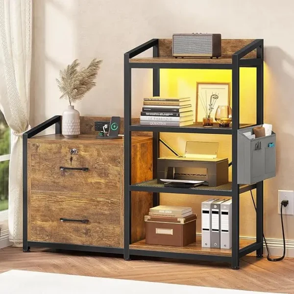 Filing Cabinet fits Letter/A4 Size, 2 Drawe File Cabinets for Home Office with Power Strip, LED Lights, Lock, Open Shelf - Image 9