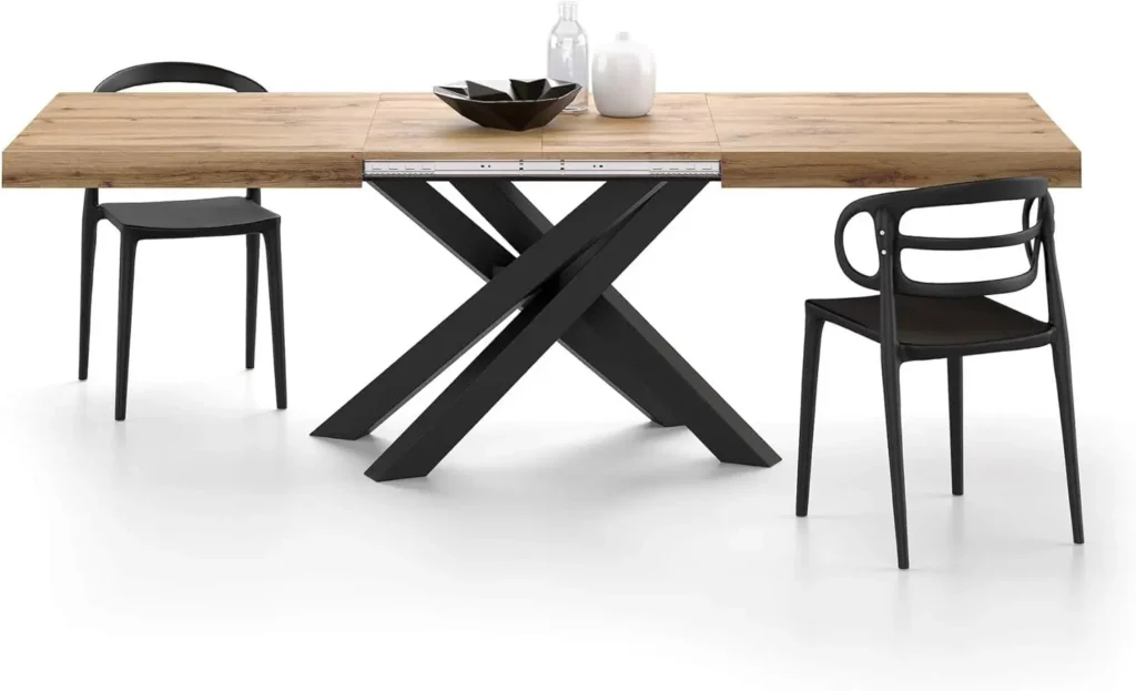 Extendable Dining Table: Rustic Oak with Black Crossed Legs for 6-10 People, Expandable Dining Table for Kitchen Living Room