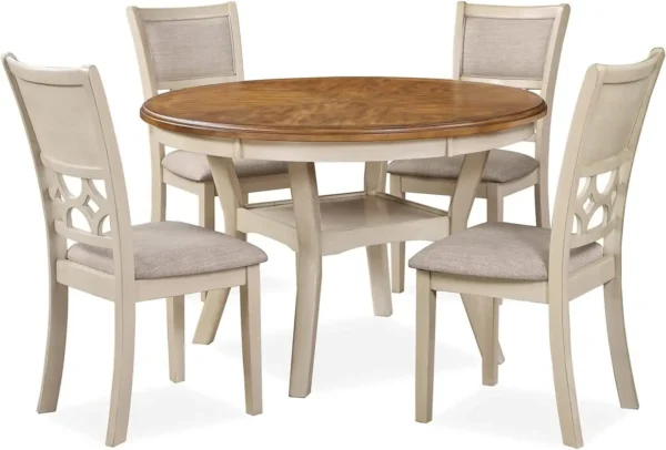 5 Piece Farmhouse Dining Set: Beige and Brown Table with 4 Padded Chairs, Solid Wood, Sturdy, for 4 - Image 2