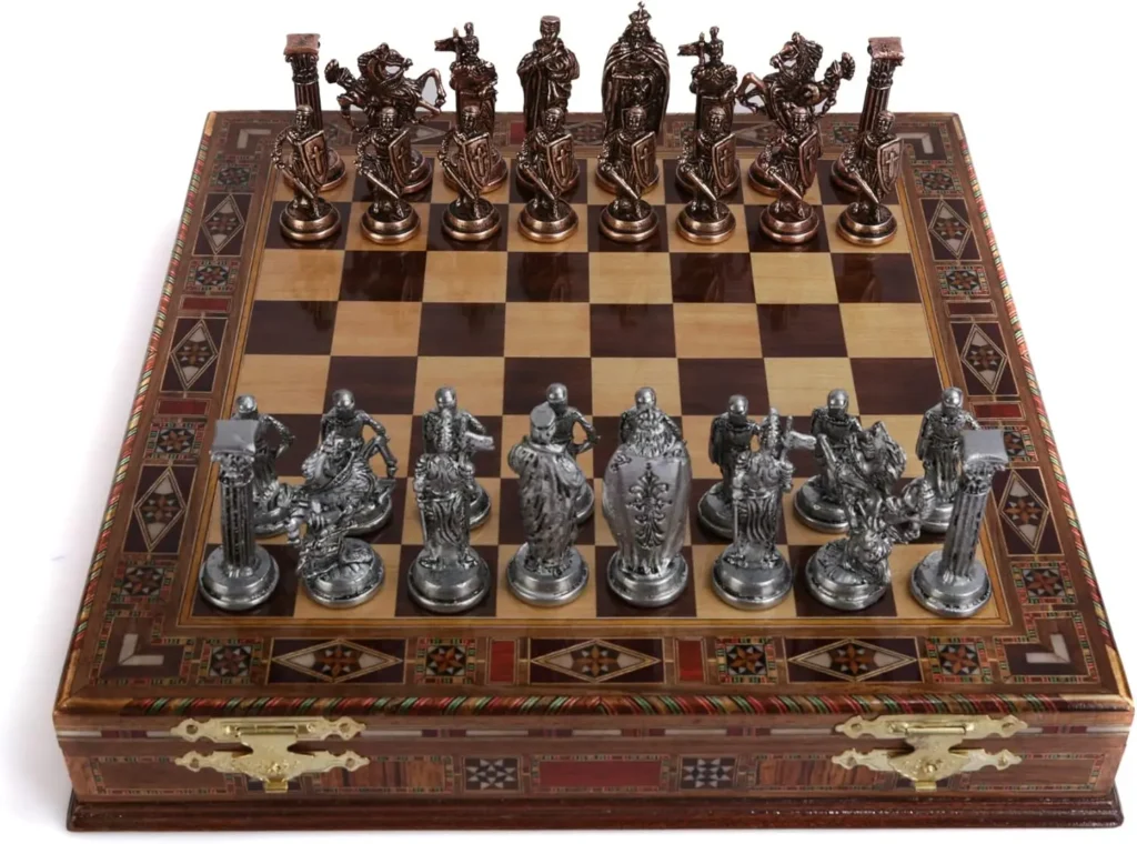 British Army Antique Copper Metal Chess Set: Handcrafted Pieces, Solid Wood Board with Storage