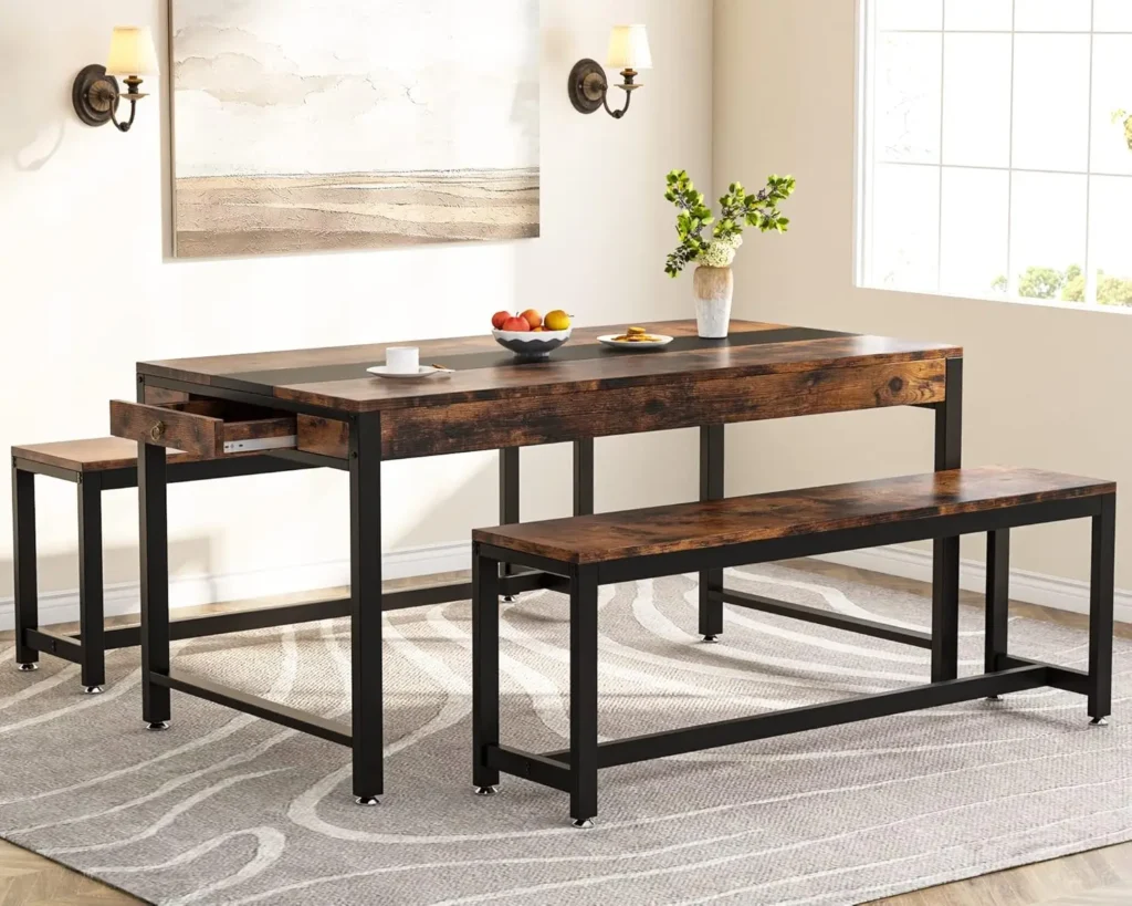 63-Inch Large Dining Table Set for 4 to 6 with 2 Benches for Kitchen Breakfast