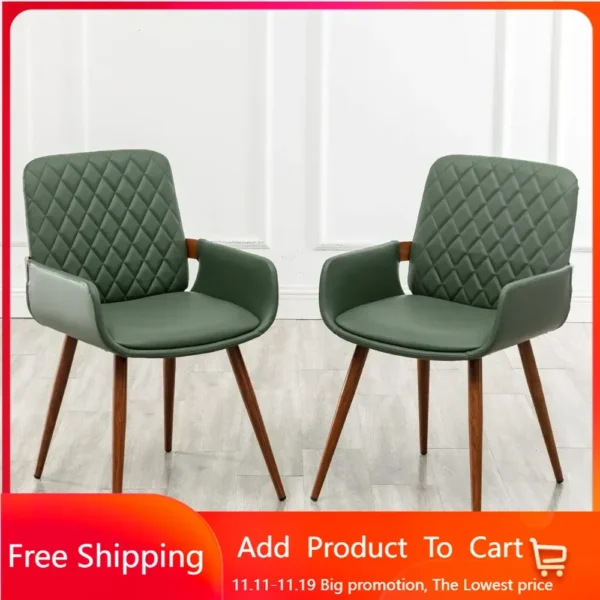 Mid Century Modern Faux Leather Dining Chairs Set of 2, Green, Upholstered Seat, Metal Legs, Adjustable Foot for Kitchen Dining