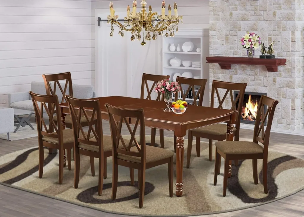 9 Piece Mahogany Kitchen Table Set with Linen Fabric Upholstered Mid-Century Dining Chairs