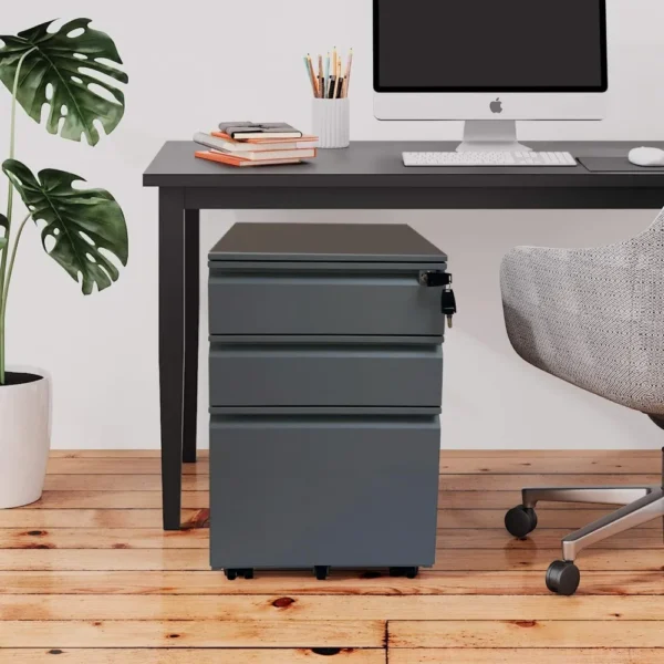 3-Drawer Mobile File Cabinet with Rolling Casters for Legal Documents, Available in Black, Grey, or White, Made in the USA - Image 2