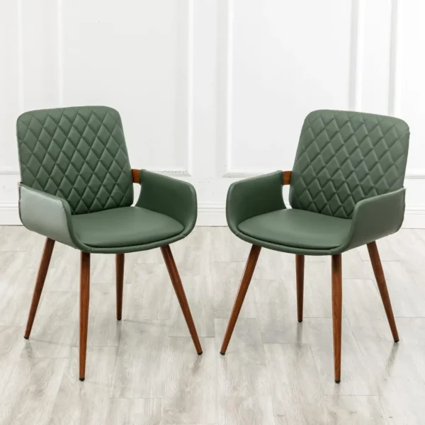 Mid Century Modern Faux Leather Dining Chairs Set of 2, Green, Upholstered Seat, Metal Legs, Adjustable Foot for Kitchen Dining - Image 7