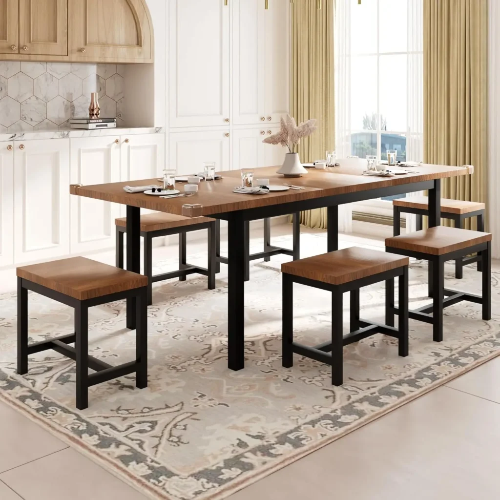 7 Piece Extendable Dining Table Set with 6 Stools for 4-8, 63" Large Kitchen Table Set, Mid Century Dining Room Table, Heavy Duty
