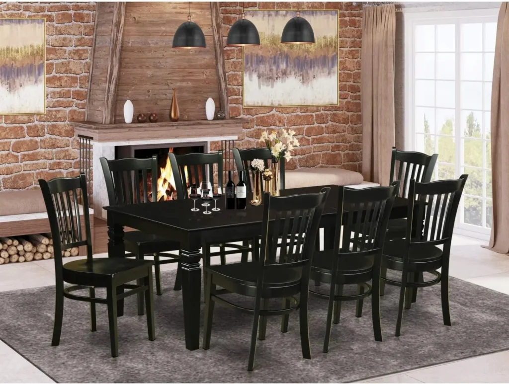 9 Piece Modern Dining Set: Rectangle Wooden Table with Butterfly Leaf and 8 Dining Chairs (42×84 Inch, Black)