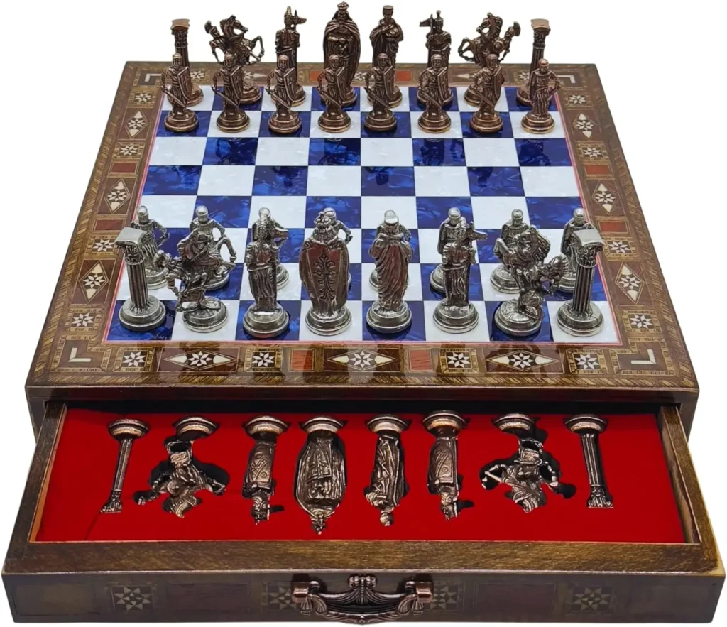 15'' Handmade Chess Set: British Army Metal Pieces, Luxury Storage, All Ages, Perfect Gift (Blue)