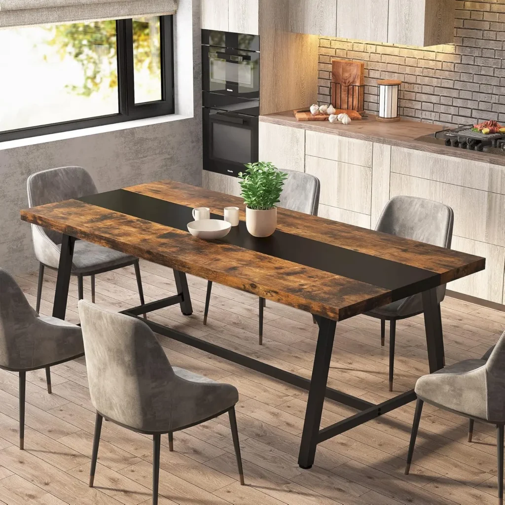 Spacious 8-Person Dining Table: 70.87" Rectangular Wood Table with Sturdy Metal Frame