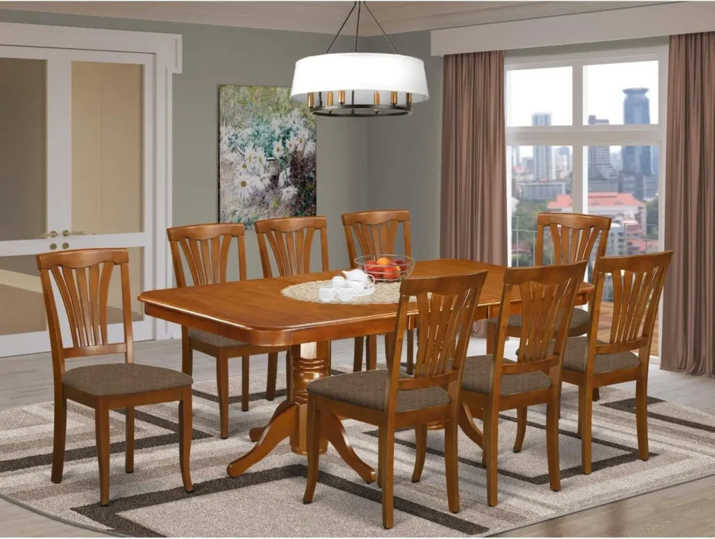 9 Piece Dining Set: Rectangle Kitchen Table with Butterfly Leaf and 8 Linen Fabric Upholstered Dining Chairs (40x78 Inch)