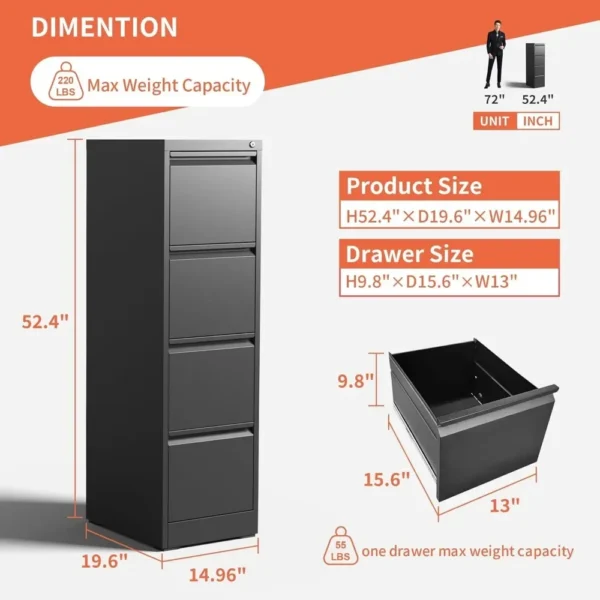 4 Drawer File Cabinet with Wheels,Metal Mobile Filing Cabinets with Lock,for A4/Letter/Legal Size File,Assembly Required - Image 5
