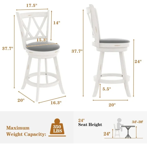 24" Antique White Swivel Counter Stools with Upholstered High Back (Set of 2) - Image 2
