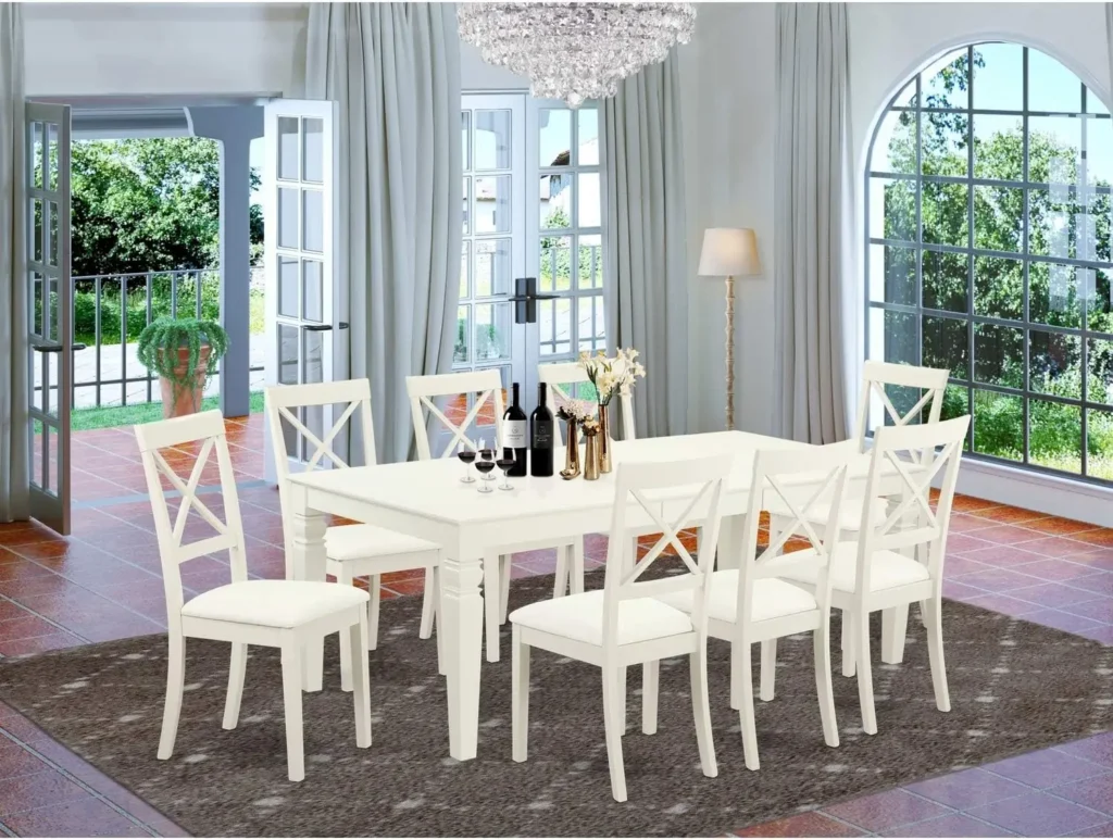 9 Piece Kitchen Set: Rectangle Table with Butterfly Leaf and 8 Faux Leather Dining Chairs (42×84 Inch)