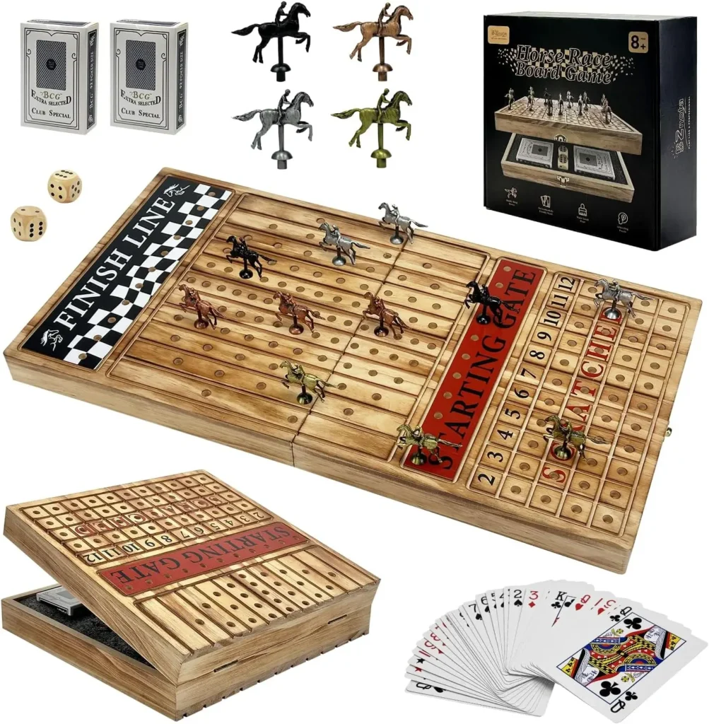 Horse Racing Board Game: 23" Foldable Wood Board with 11 Metal Horses and Dice