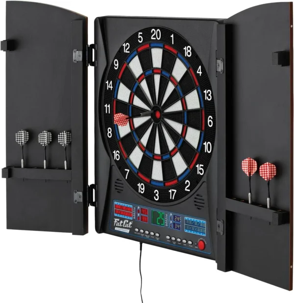 Electronic dartboard mounted in a black cabinet with darts on the side.