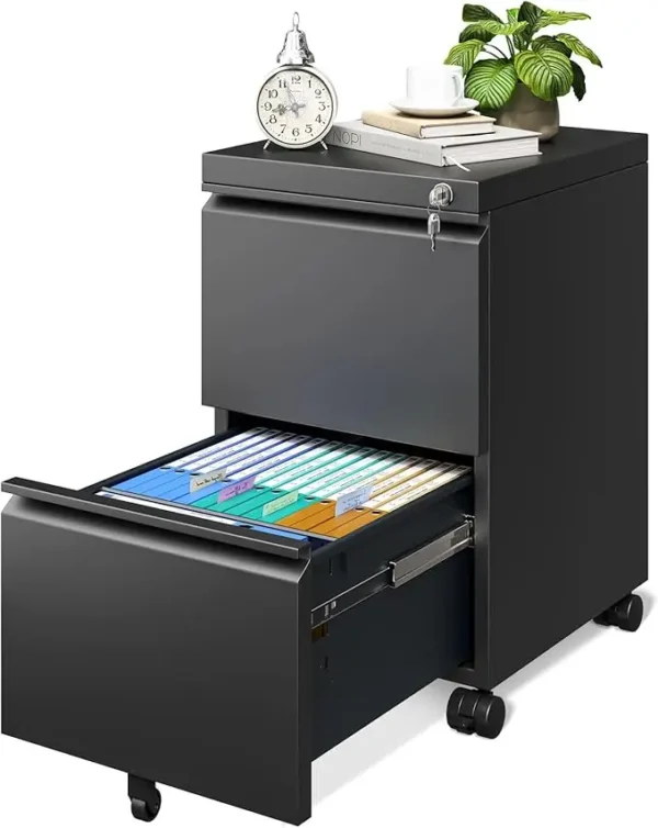 Fully Assembled 2-Drawer Rolling File Cabinet with Lock for Home Office, Black - Image 7