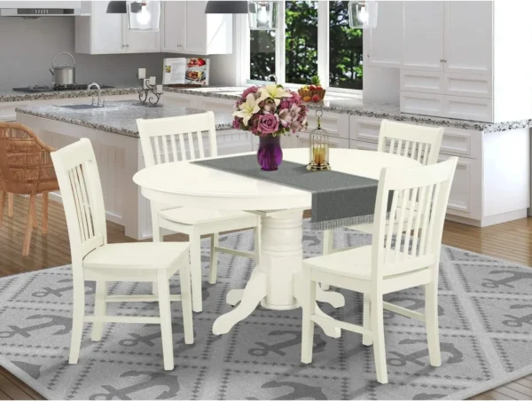 5-Piece Kitchen Set: Oval Linen White Table with Butterfly Leaf and 4 Dining Chairs (42x60 Inch)