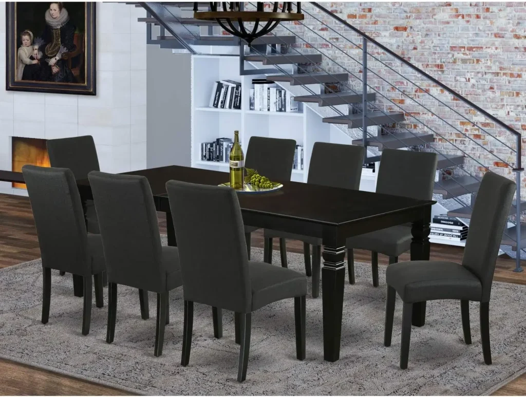 9 Piece Dining Room Set: Rectangle Kitchen Table with Butterfly Leaf and 8 Black Linen Fabric Upholstered Chairs