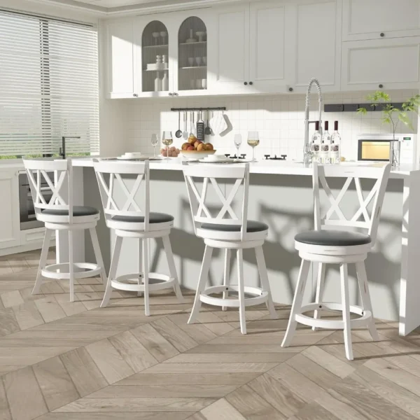 24" Antique White Swivel Counter Stools with Upholstered High Back (Set of 2) - Image 3