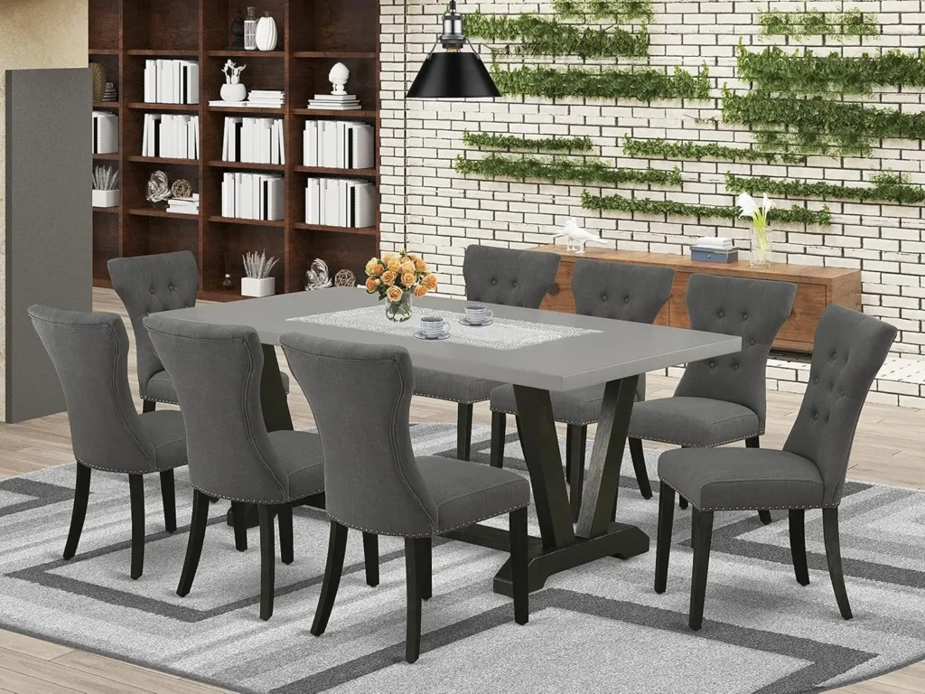 9 Piece Modern Dining Set: Rectangle Wooden Table with V Legs and 8 Dark Gotham Linen Fabric Upholstered Chairs