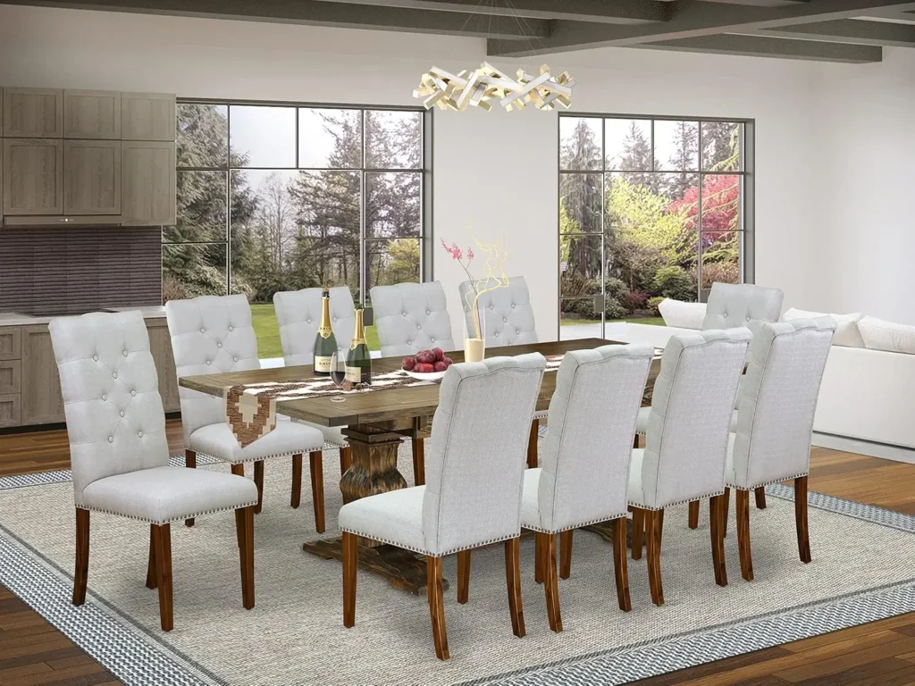 11-Piece Kitchen Table Set: Rectangle Dining Table with Removable Leaf and 10 Grey Linen Fabric Parson Chairs
