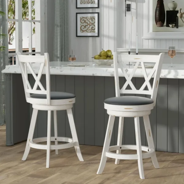 24" Antique White Swivel Counter Stools with Upholstered High Back (Set of 2)