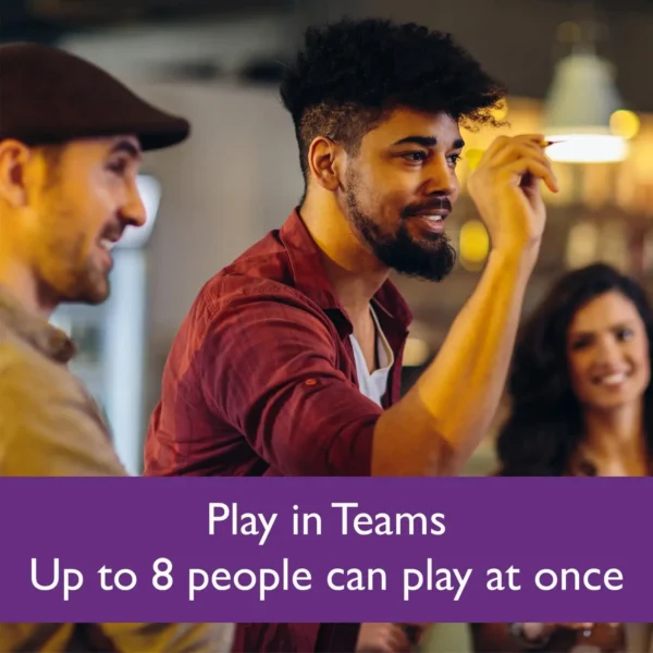 Three individuals participating in a team activity, with one person gesturing while speaking.